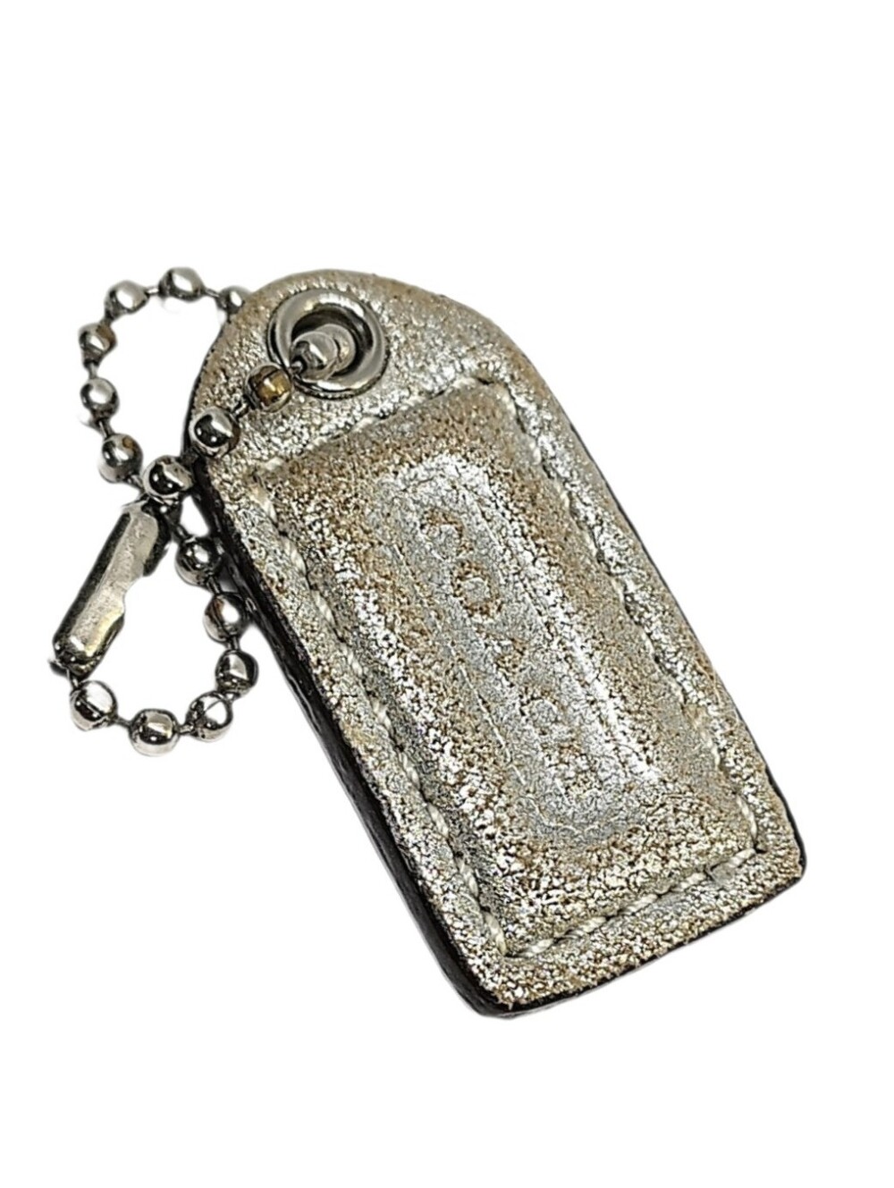 🔘 Y2K 1.5" Coach Metallic Silver Leather Hangtag Bag Fob Keychain Purse Charm